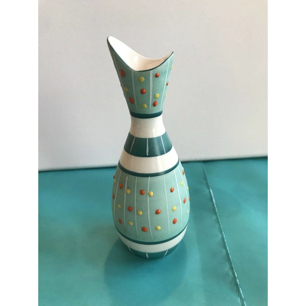 Vase Green & White Sriped With Red & Yellow Dots